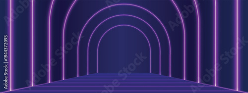 Tunnel with neon light perspective. Abstract futuristic background with pink LED lines and arches