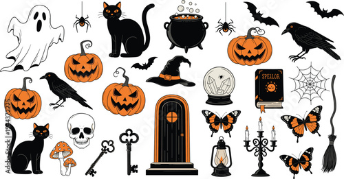 Halloween Spooky Icon Vector Set with Black Cat, Pumpkins, Ghost, Witch Hat, Raven and Magical Elements in Vintage Cartoon Illustration Style