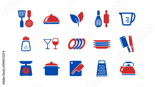 Cooking ingredient and kitchen utensil icons including spices, bowls, tools, and food preparation items.