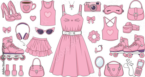 Pink Fashion Aesthetic Vector Set with Cute Dress, Accessories, Roller Skates, Handbags and Beauty Items in Trendy Girly Cartoon Style for Lifestyle Design