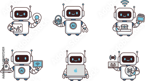 Cute AI Robot Assistant Mascot Vector Set with Friendly Chatbot Characters Holding Tech Gadgets, Artificial Intelligence Concept in Modern Cartoon Illustration Style