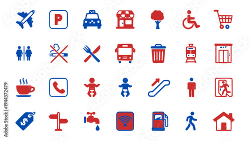 Collection of public service icons including transport, parking, facilities, and urban service symbols.