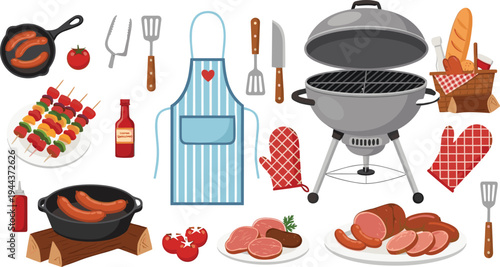 BBQ Grill Cooking Vector Set with Barbecue Equipment, Sausages, Skewers, Apron and Outdoor Grilling Tools in Cartoon Style for Summer Food Design Projects