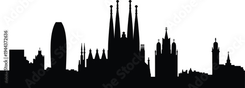 Silhouette of Barcelona city skyline featuring Sagrada Família, Torre Glòries, Cathedral of Barcelona, and historic architectural landmarks