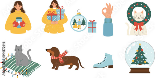 Christmas Holiday Cozy Vector Icon Set with Cute Pets, Gifts, Snow Globe, Winter Clothing and Festive Decorations in Warm Cartoon Illustration Style