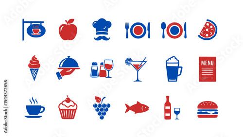 Restaurant menu icon set including meals, drinks, desserts, and food service symbols.