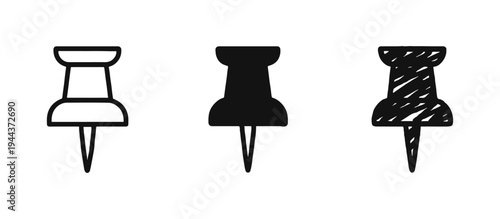 Pushpin and thumbtack icon set. Map location marker or reminder attachment symbol.