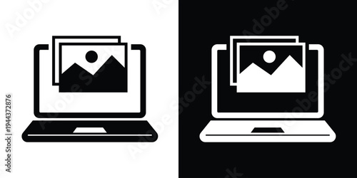 Minimalist vector icon of a laptop computer with a landscape photograph on the screen. Concept for mobile photo editing, portfolio display, and digital gallery software.