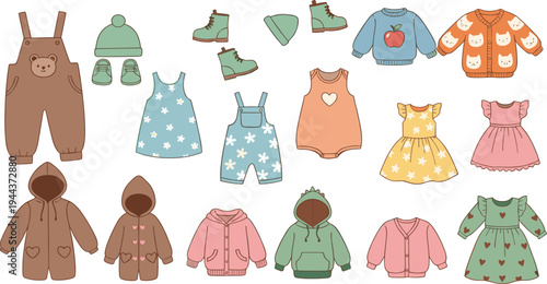 Cute Baby Clothes Vector Illustration Set with Rompers, Dresses, Sweaters, Overalls, Jackets, and Seasonal Kids Fashion Apparel Collection