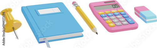 School Stationery Vector Illustration with Notebook, Pencil, Calculator, Push Pin, and Eraser for Education, Office, and Student Study Supplies