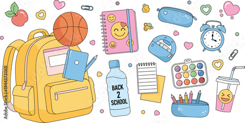 Back to School Vector Illustration Set with Backpack, Notebook, Water Bottle, Clock, Art Supplies, and Cute Educational Student Accessories