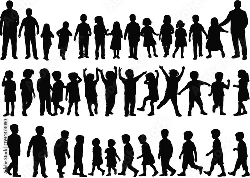 Silhouette children playing, dancing, walking, and interacting with adults in group activity, educational illustration concept for learning and guidance