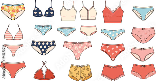 Cute Women Underwear Vector Illustration Set with Bras, Panties, Lingerie Pieces, and Fashionable Intimate Clothing Designs Collection