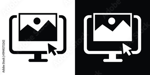 Digital icon showing a computer monitor with a landscape image being selected by a mouse cursor. Ideal for graphic design, photo management, and web interaction concepts.