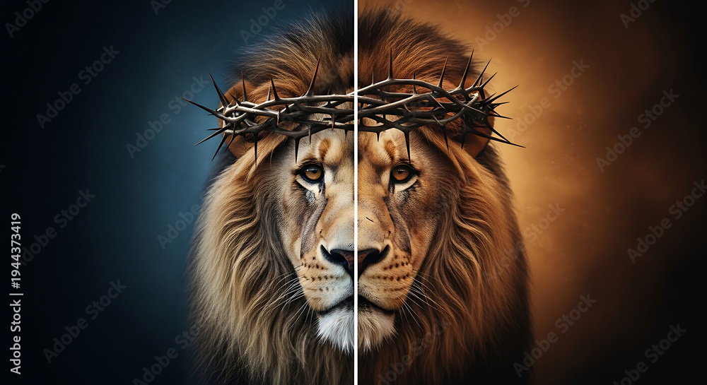 Fototapeta premium Majestic Lion Head Intertwined with a Sharp Crown of Thorns Symbolizing Divine Power Sacred Sacrifice and Christian Religious Faith Concept Representing Strength and Spiritual Royalty