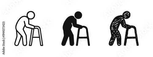 Elderly Person with Walker Icons Set