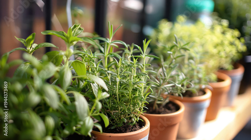 Fresh green herbs growing in terracotta pots on a sunny balcony