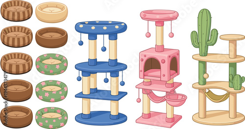 Cute Cat Furniture Vector Illustration Set with Scratching Posts, Cat Trees, Beds, and Pet Accessories for Animal Care and Pet Shop Designs