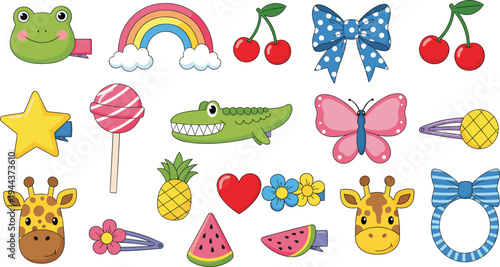 Cute Kids Hair Clip Vector Illustration Set with Rainbow, Butterfly, Frog, Giraffe, Fruit, Bow, and Cartoon Decorative Accessories