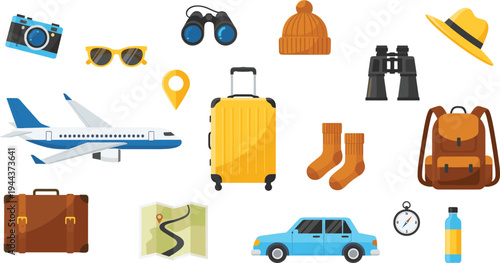 Travel Accessories Vector Illustration Set with Suitcase, Airplane, Backpack, Map, Camera, Binoculars, and Vacation Adventure Equipment Icons