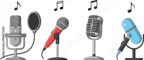 Professional Microphone Vector Illustration Set with Studio Recording Mics, Podcast Equipment, and Music Audio Technology Icons for Media Production Designs