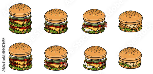 Set of eight delicious cartoon vector hamburgers and cheeseburgers with various toppings, isolated on white background.