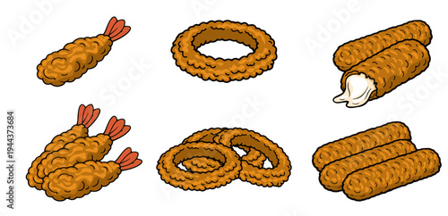 Crispy vector set of fried shrimp, onion rings, and cheese sticks illustration