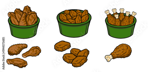 Set of vector fried chicken wings and drumsticks in green buckets and isolated