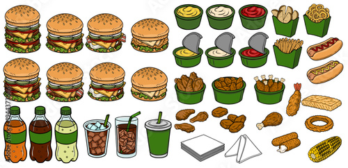 A vibrant vector illustration set of delicious fast food items, including juicy burgers, crispy fries, fried chicken, hot dogs, and refreshing drinks.