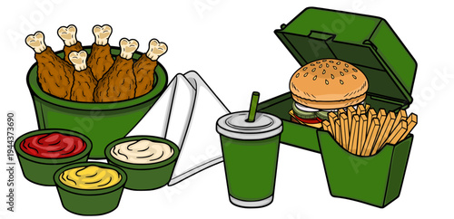 Vector illustration of a fast food meal set with fried chicken, burger, fries, and sauces