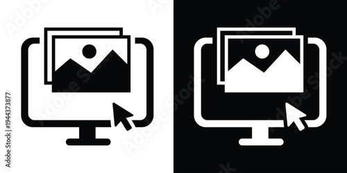 Digital icon showing a computer monitor with a landscape image being selected by a mouse cursor. Ideal for graphic design, photo management, and web interaction concepts.