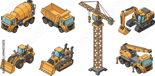 Isometric construction vehicles set including concrete mixer dump truck tower crane excavator bulldozer loader and mobile crane for industry