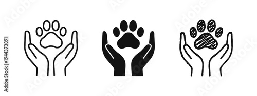 Pet care and animal protection hands holding paw print icon set.