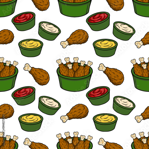 Seamless vector pattern of crispy fried chicken legs and dipping sauces