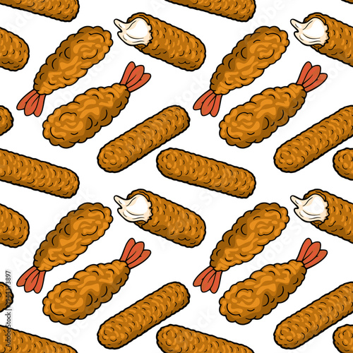 Seamless vector pattern of crispy fried shrimp tempura and fish sticks, cartoon style
