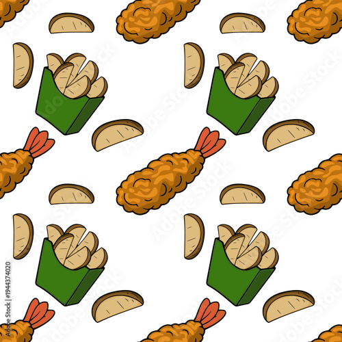 Seamless vector pattern of crispy fried shrimp and potato wedges in a green carton