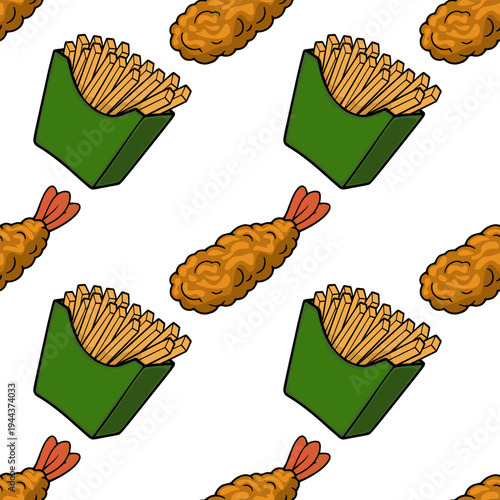 Seamless vector pattern of crispy french fries in green boxes and golden fried shrimp tempura, cartoon style