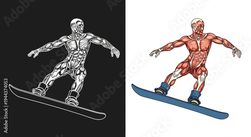 Detailed anatomical illustration of a snowboarder's muscular system in action, presented in both monochrome and color for scientific study.