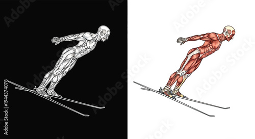 Anatomical illustration of a ski jumper's muscular system, showing detailed human body structure during the dynamic sport.