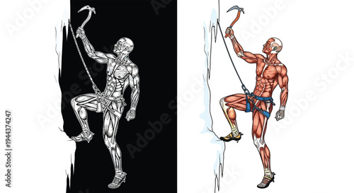Anatomical illustration of an ice climber showing both skeletal and muscular systems during ascent on an icy wall.