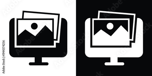 Bold vector icon of a widescreen computer monitor displaying a landscape picture. Symbolizes professional photo viewing, media playback, and high-definition digital displays.