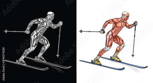Detailed anatomical and metallic representations of a cross-country skier in a dynamic pose, illustrating muscle structure and a futuristic design.
