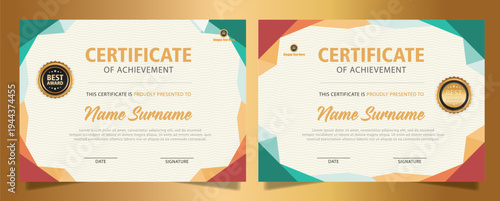 Elegant professional achievement certificates with modern geometric patterns and distinguished golden emblems, ideal for recognizing success, merit, and outstanding accomplishments