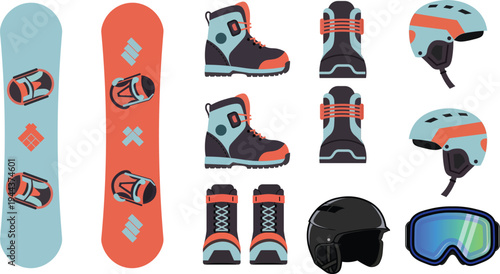 Flat illustration of snowboarding gear including a snowboard, boots, helmets, goggles, and bindings in a colorful and organized arrangement.