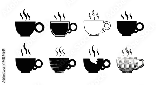Set of black and white coffee cups with steam vector illustration eight different styles of hot drink containers isolated on white background