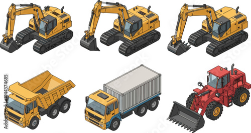 Isometric heavy construction vehicles set with excavators dump truck cargo container truck wheel loader industrial machinery vector illustration