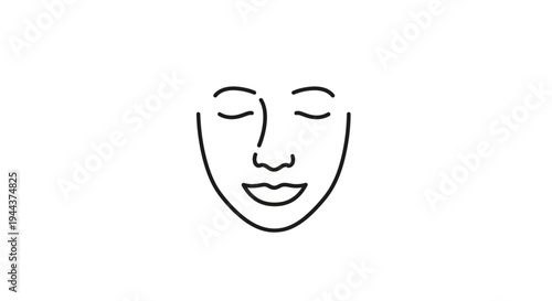 Minimalist line art of a smiling face with closed eyes, conveying happiness and peace.