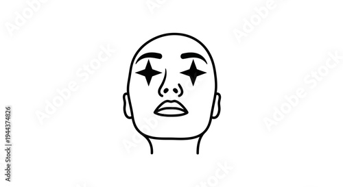 Minimalist Line Art of a Bald Person with Star Eyes Makeup