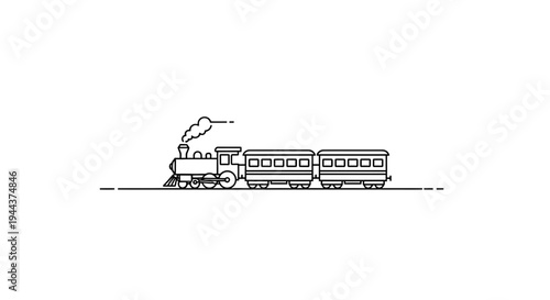 Minimalist Line Art of a Vintage Steam Train with Two Carriages on a White Background
