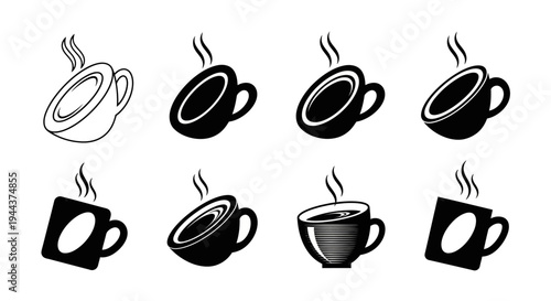 Set of black and white coffee cups with steam vector illustration eight different styles of hot drink mugs and cups isolated on white